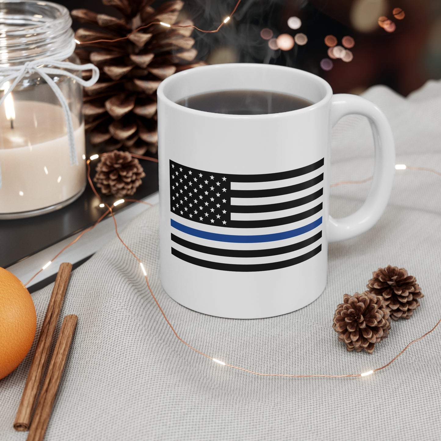 Thin Blue Line Heart Flag 11oz Mug, Police Officer Dad Gift, Law Enforcement Coffee Cup, Support Blue Lives Matter, Patriotic Ceramic Tea