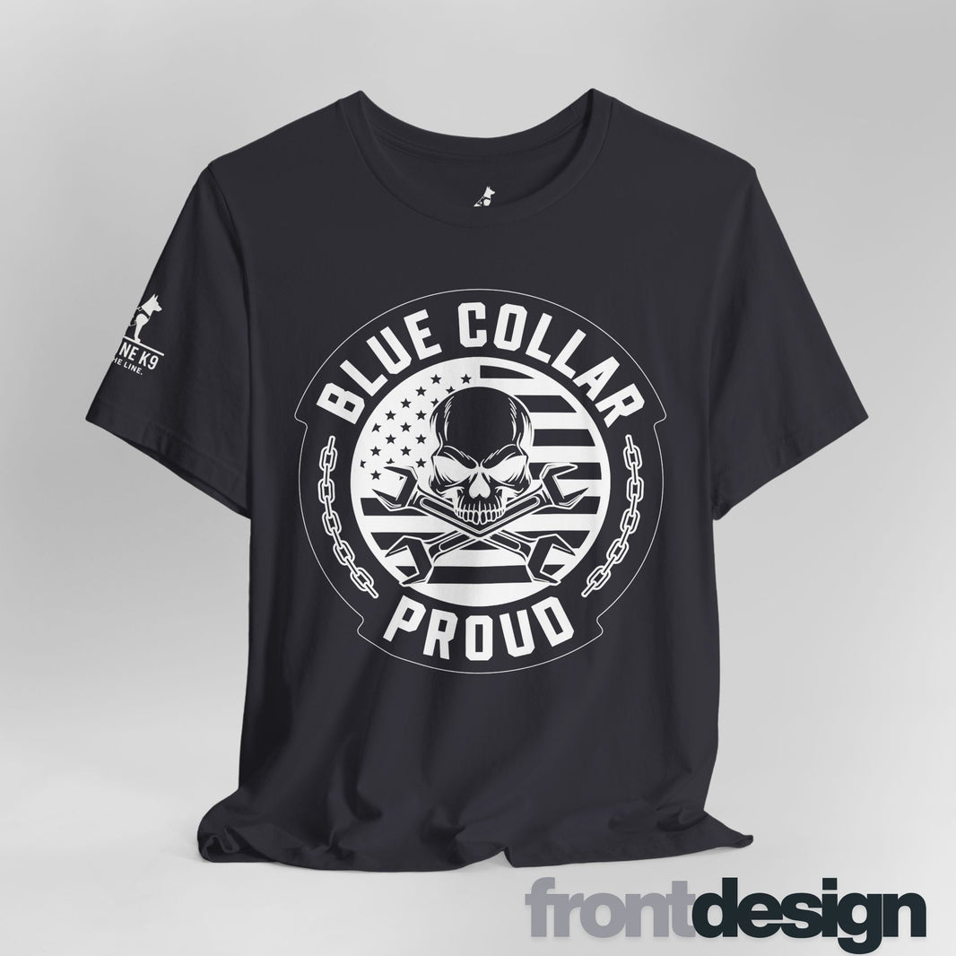 image Blue Collar Proud – Skull & Wrenches Flag Tee