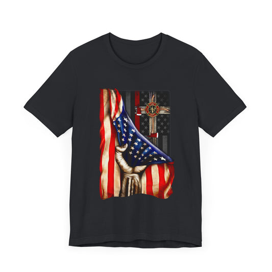 Firefighter Cross American Flag Tee, Fireman Distressed Tshirt, Thin Red Line Shirt, First Responder Gift, Firefighter Appreciation Top