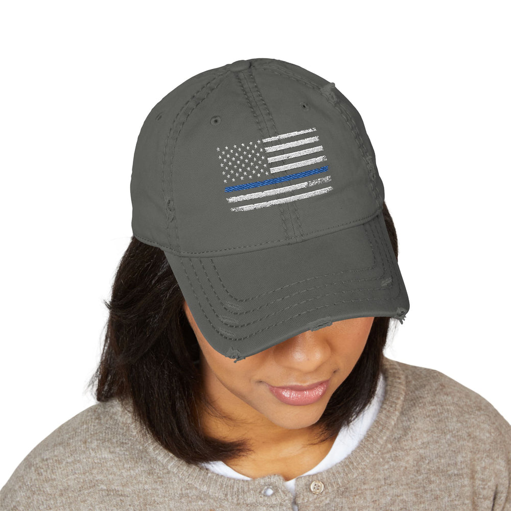 Distressed Embroidered Hat with Thin Blue Line Flag Design