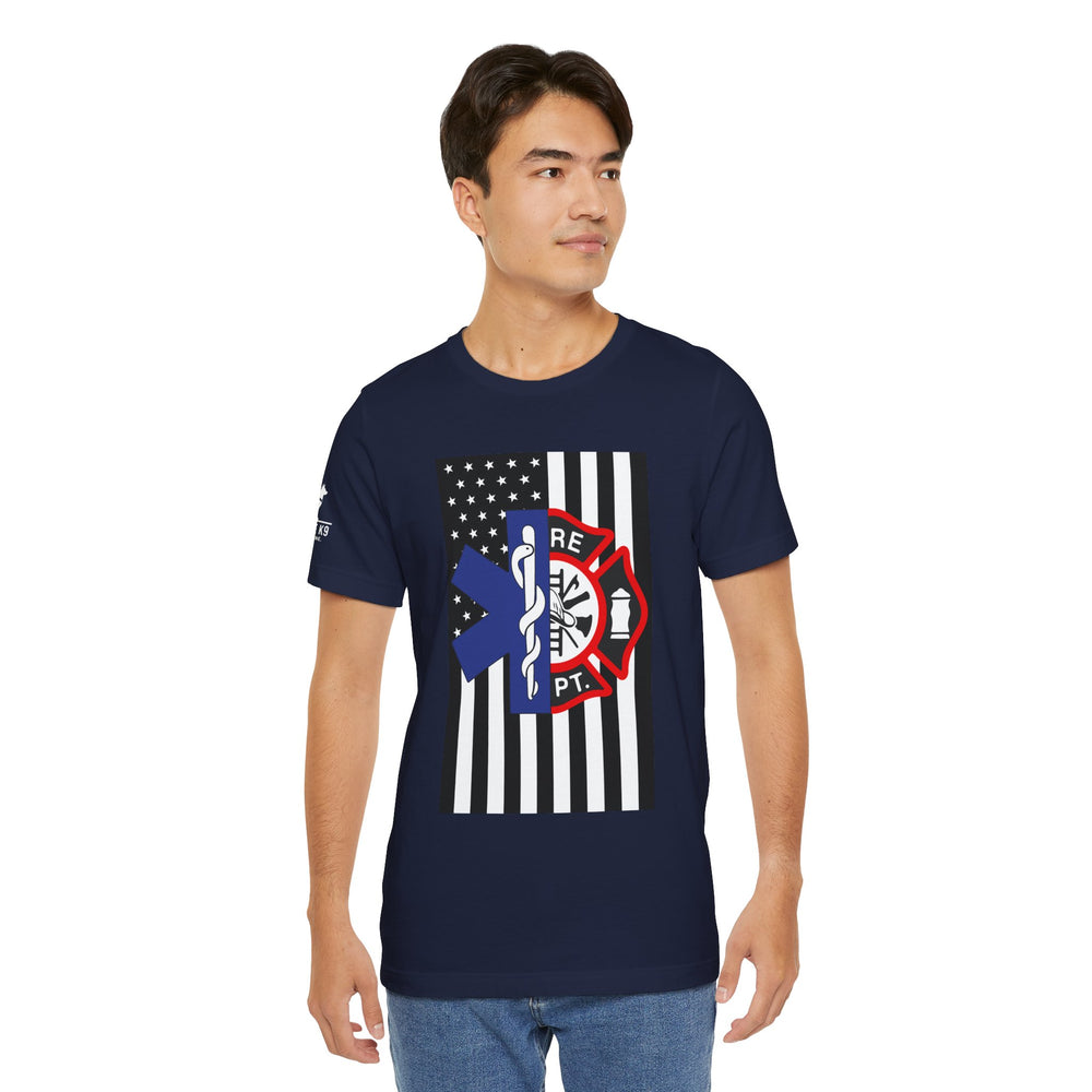 EMS & Firefighter Tribute Tee – Split Emblem Thin White Line Flag