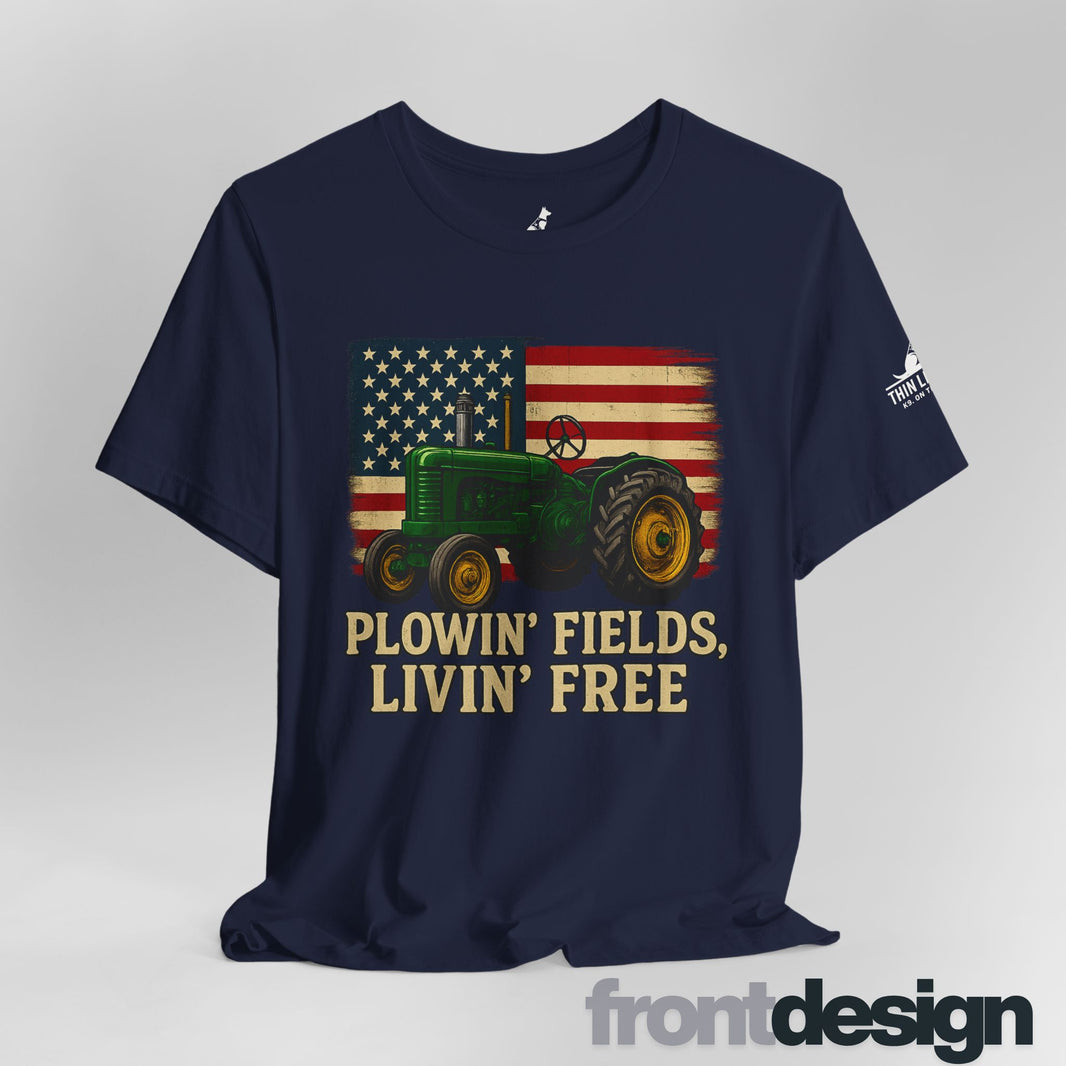 image Plowin' Fields, Livin' Free – Farmer Flag Tee