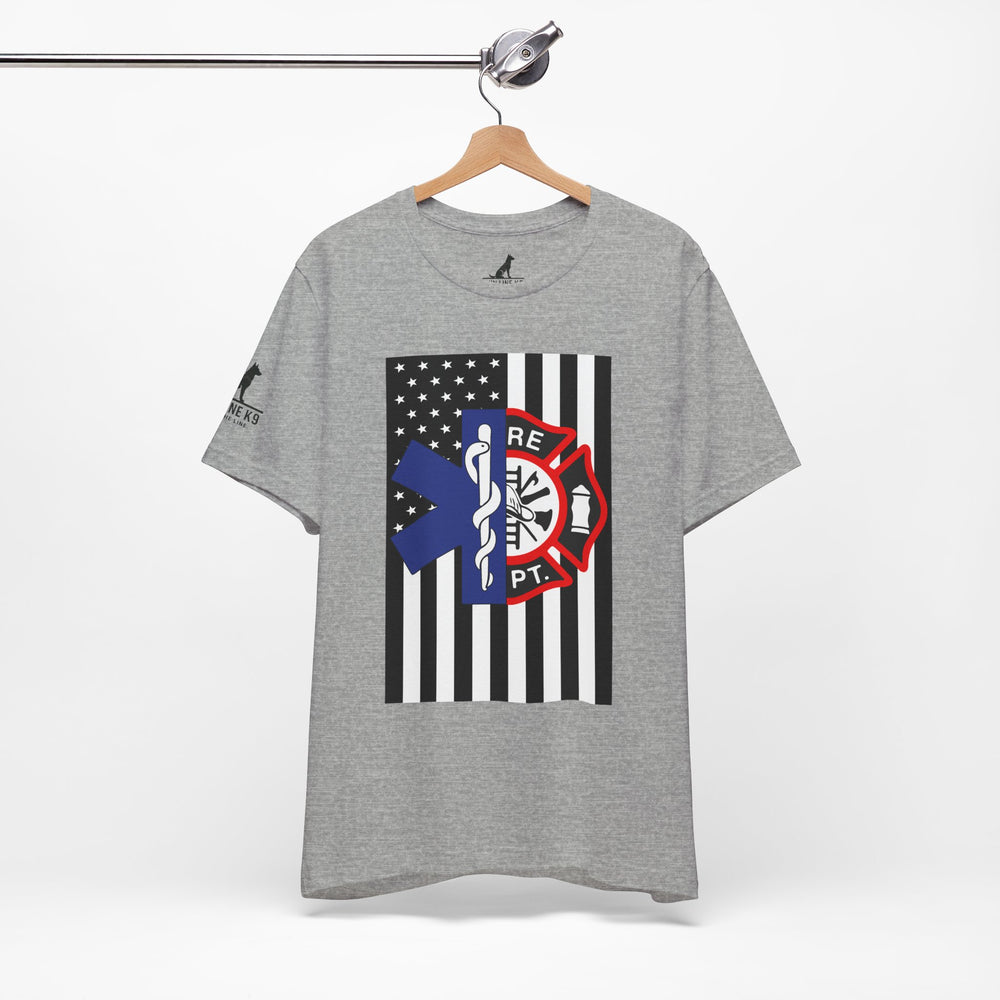 EMS & Firefighter Tribute Tee – Split Emblem Thin White Line Flag
