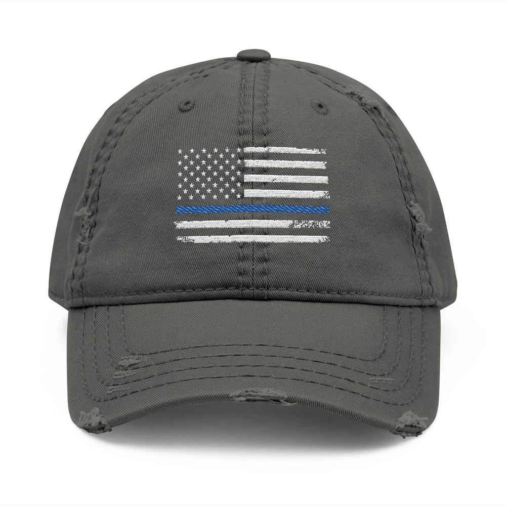 Distressed Embroidered Hat with Thin Blue Line Flag Design