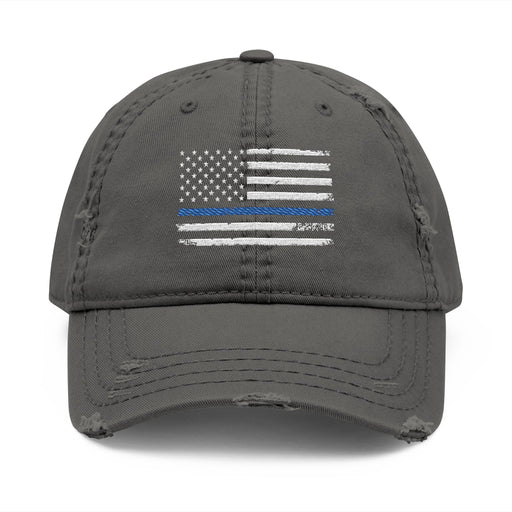 Distressed Embroidered Hat with Thin Blue Line Flag Design