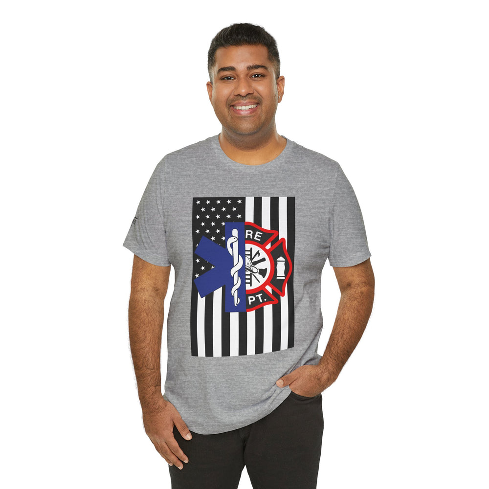 EMS & Firefighter Tribute Tee – Split Emblem Thin White Line Flag