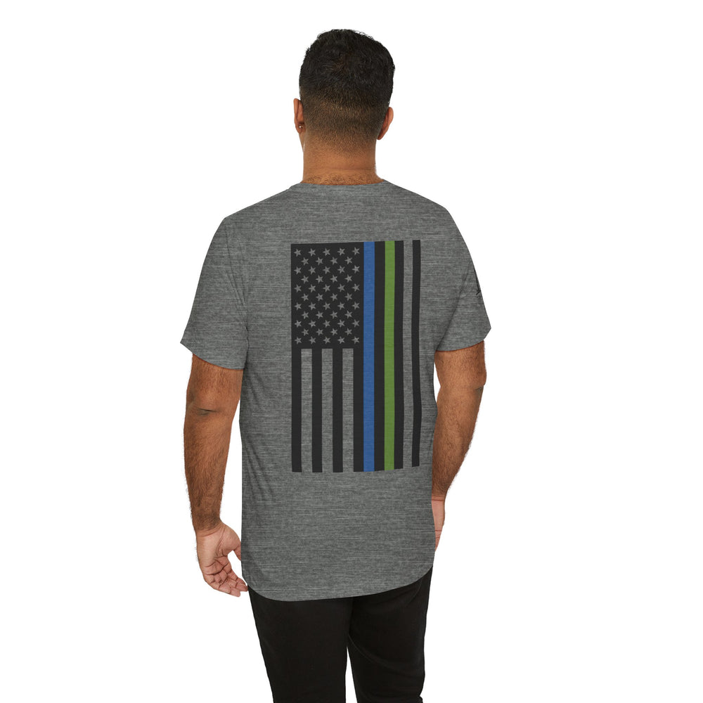 Animal Control Badge & Flag Tee – Blue & Green Line