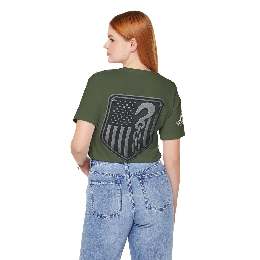 No Hook Too Heavy – Tow Truck Flag Tee