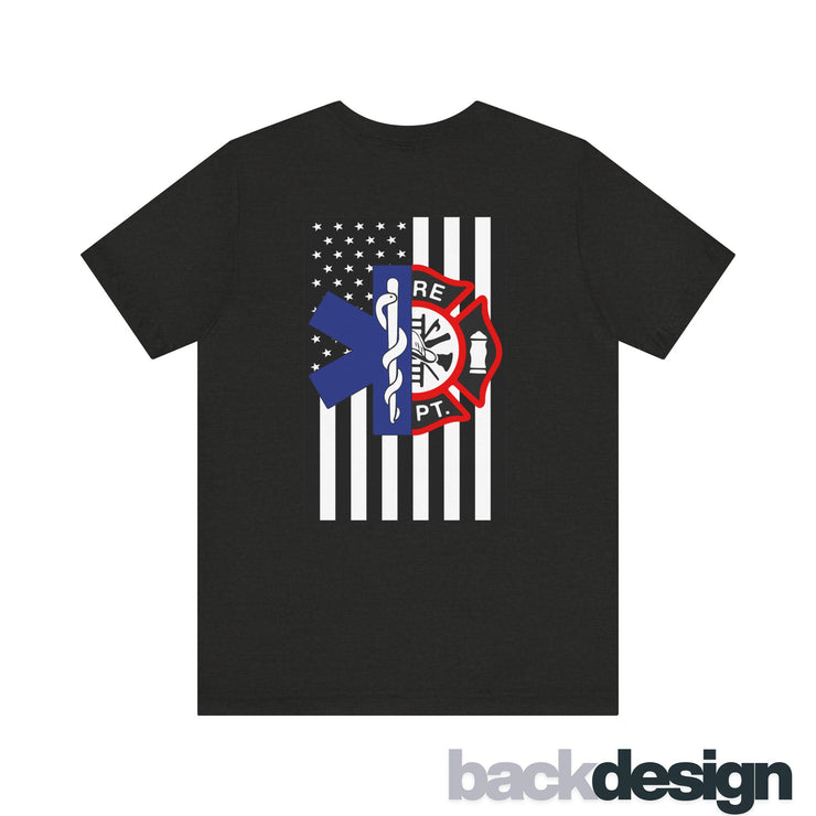 EMS & Firefighter Tribute Tee – Split Emblem Thin White Line Flag
