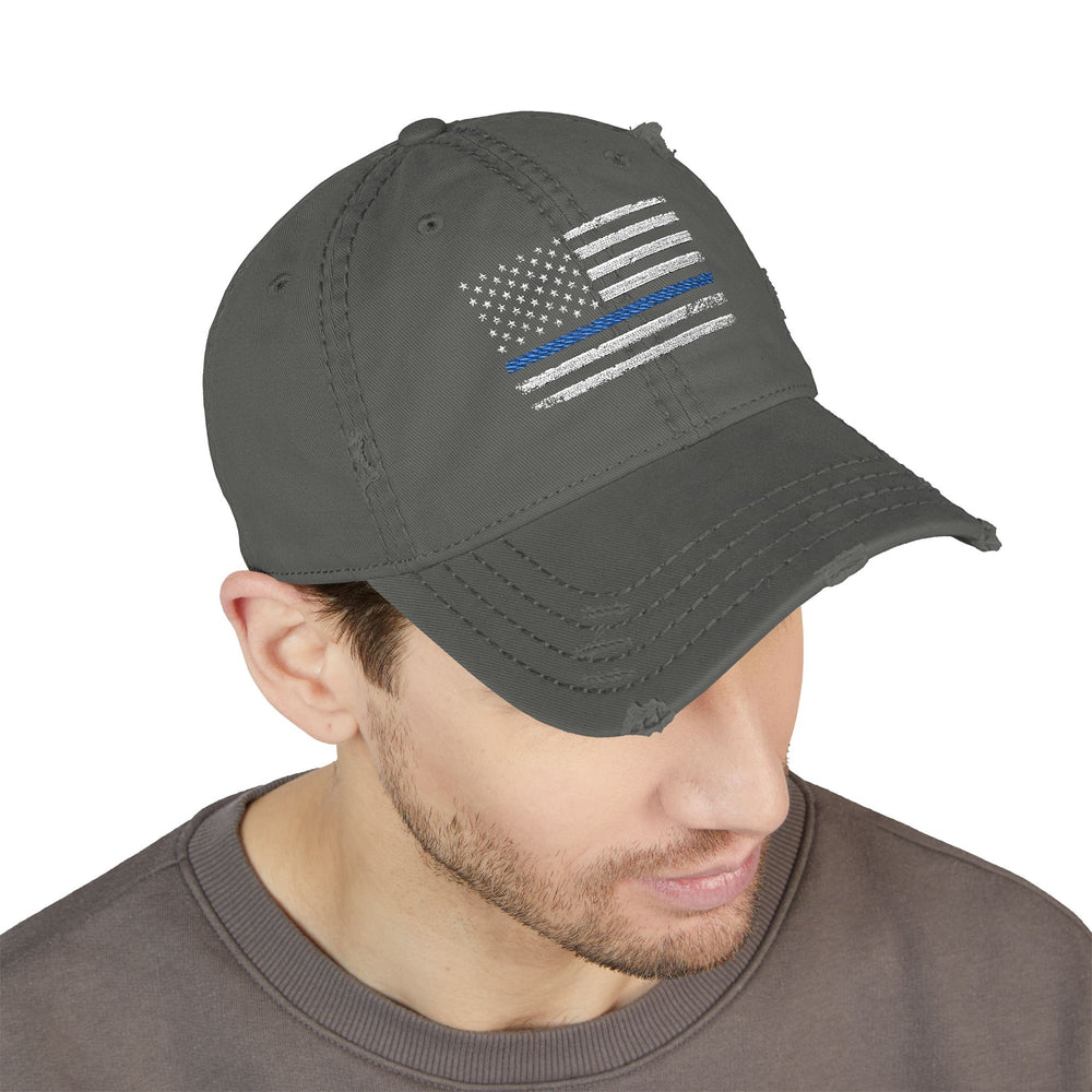 Distressed Embroidered Hat with Thin Blue Line Flag Design