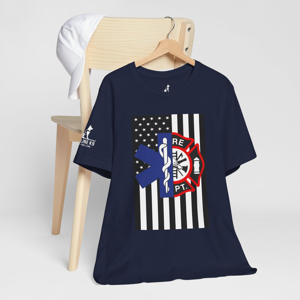 EMS & Firefighter Tribute Tee – Split Emblem Thin White Line Flag