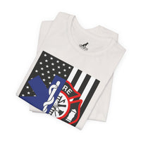 EMS & Firefighter Tribute Tee – Split Emblem Thin White Line Flag