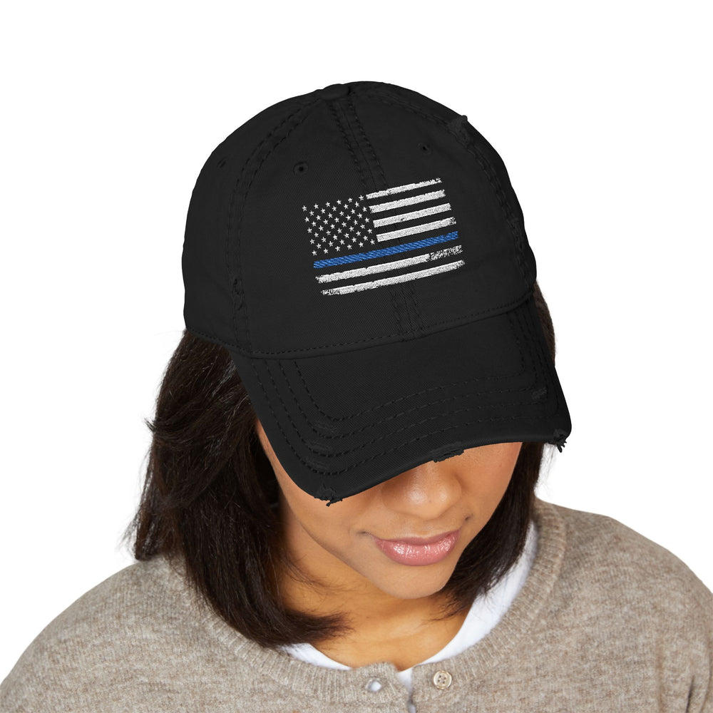 Distressed Embroidered Hat with Thin Blue Line Flag Design