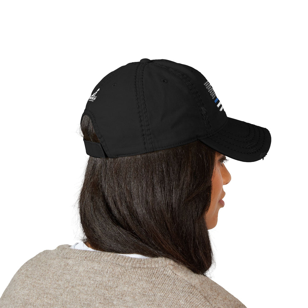 Distressed Embroidered Hat with Thin Blue Line Flag Design