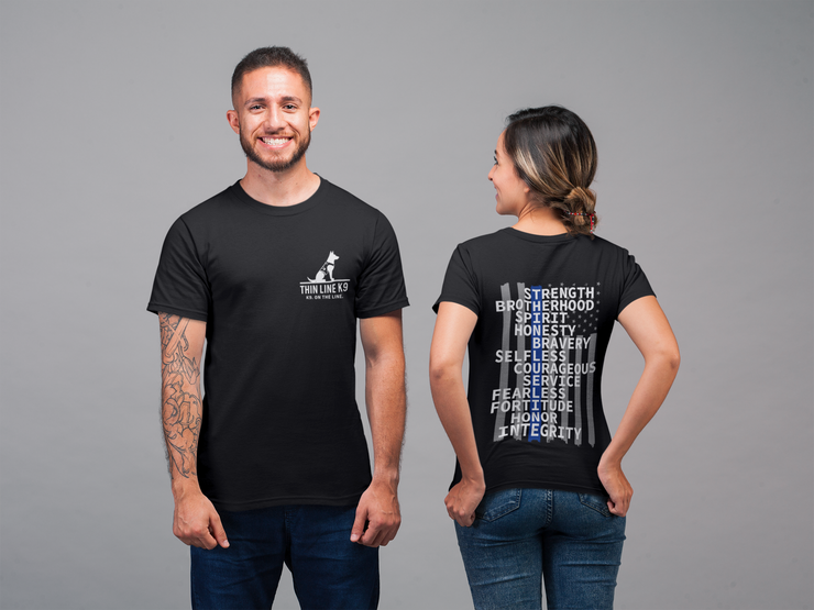 Front and Back Design Thin Blue Line Acronym T-Shirt – Strength, Honor & Bravery Tribute