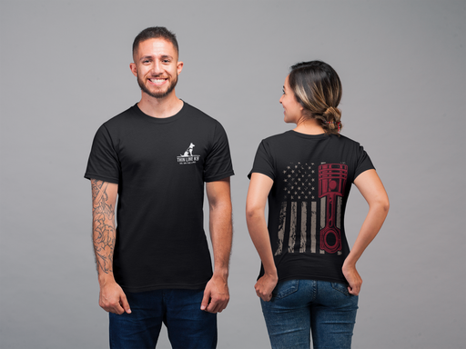 Red, White & Revved Up – Piston Flag Tee