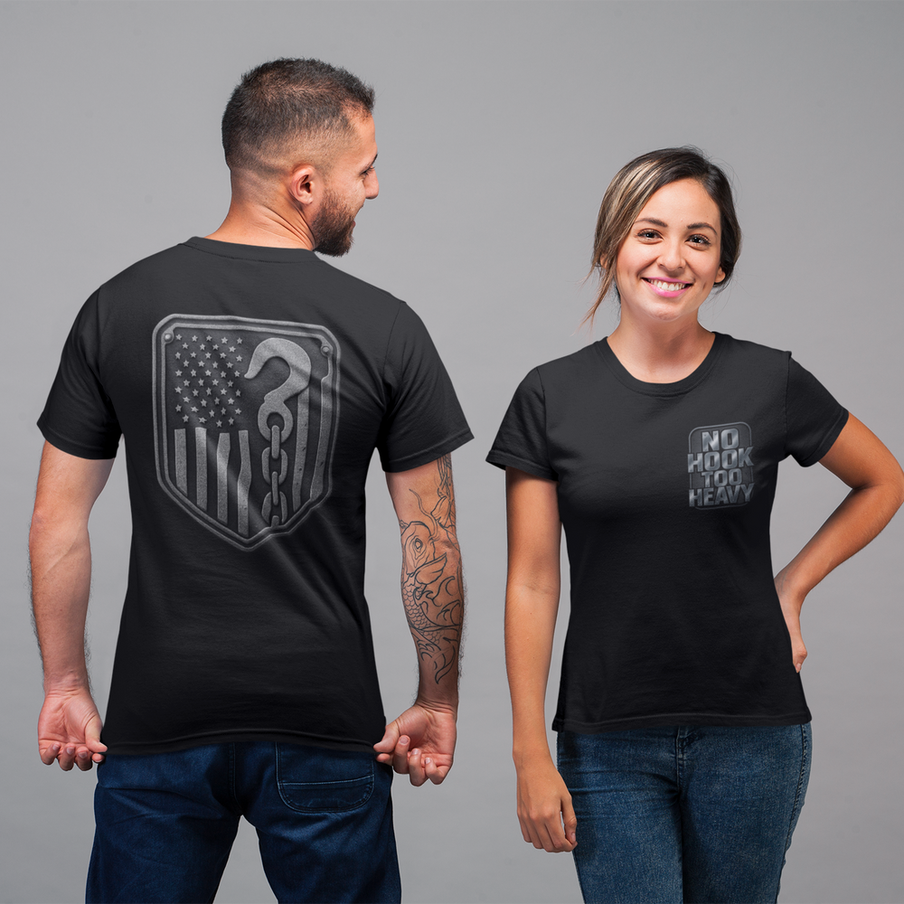 No Hook Too Heavy – Tow Truck Flag Tee