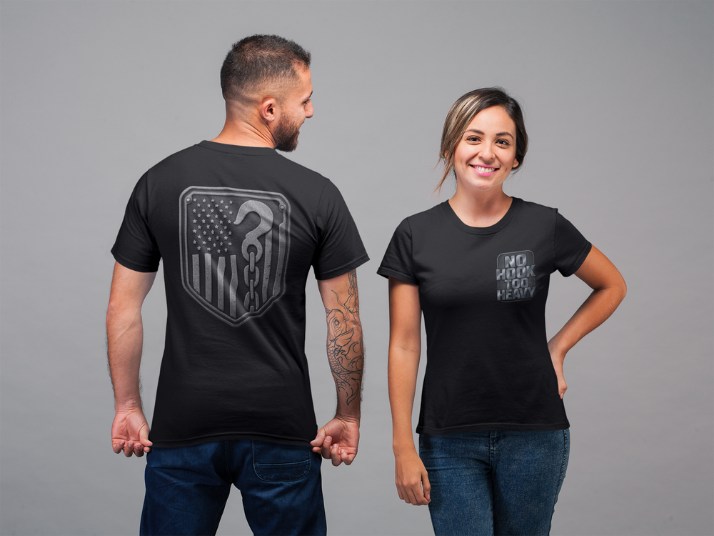 No Hook Too Heavy – Tow Truck Flag Tee