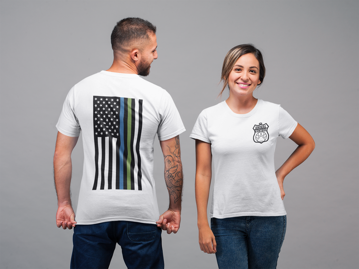 Animal Control Badge & Flag Tee – Blue & Green Line