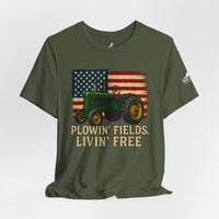 Plowin' Fields, Livin' Free – Farmer Flag Tee