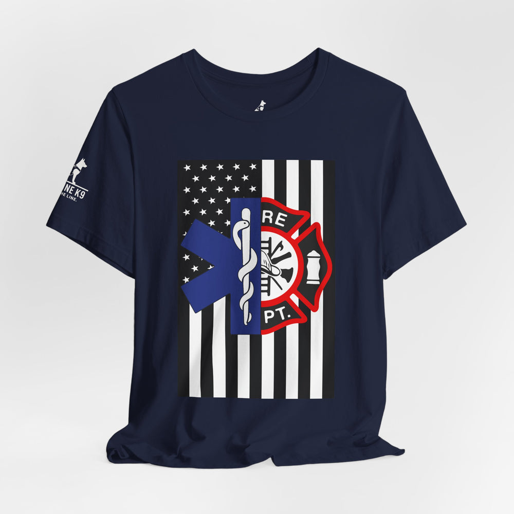 EMS & Firefighter Tribute Tee – Split Emblem Thin White Line Flag