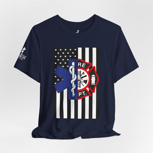 EMS & Firefighter Tribute Tee – Split Emblem Thin White Line Flag