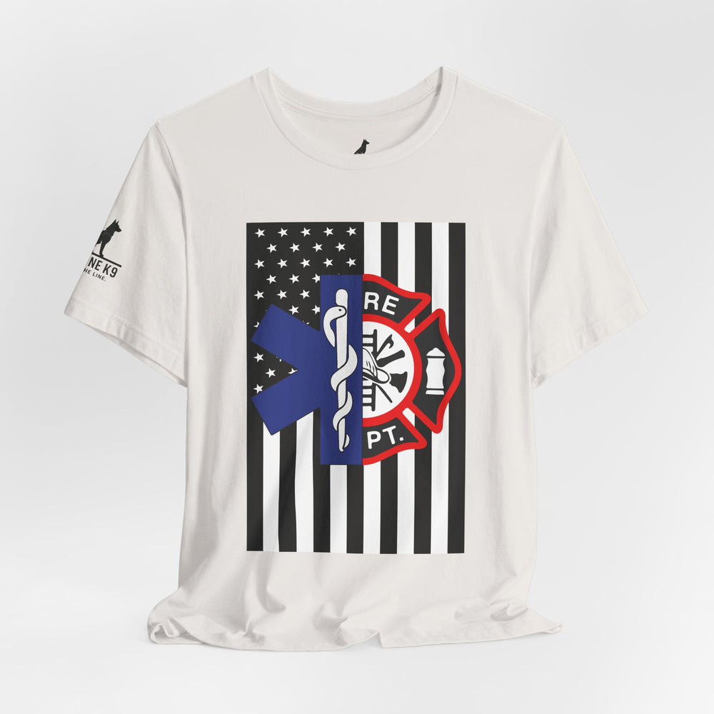 EMS & Firefighter Tribute Tee – Split Emblem Thin White Line Flag