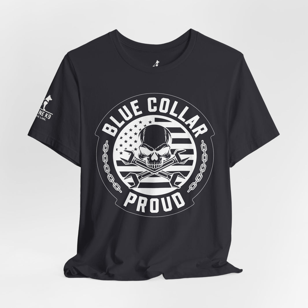 image Blue Collar Proud – Skull & Wrenches Flag Tee