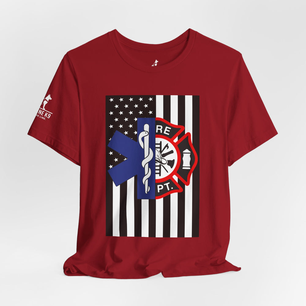 EMS & Firefighter Tribute Tee – Split Emblem Thin White Line Flag