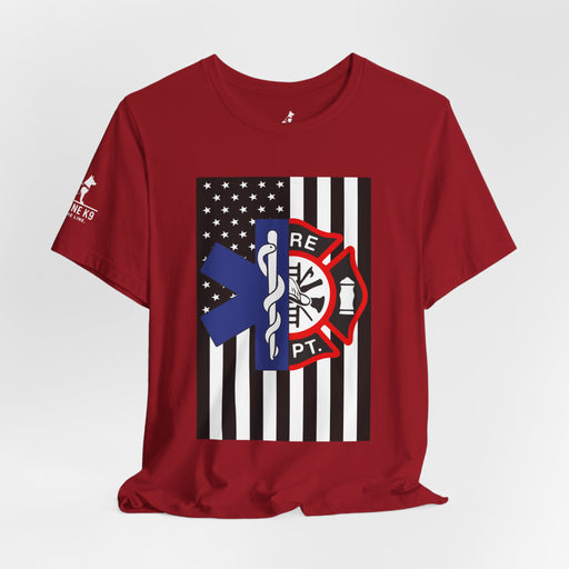 EMS & Firefighter Tribute Tee – Split Emblem Thin White Line Flag