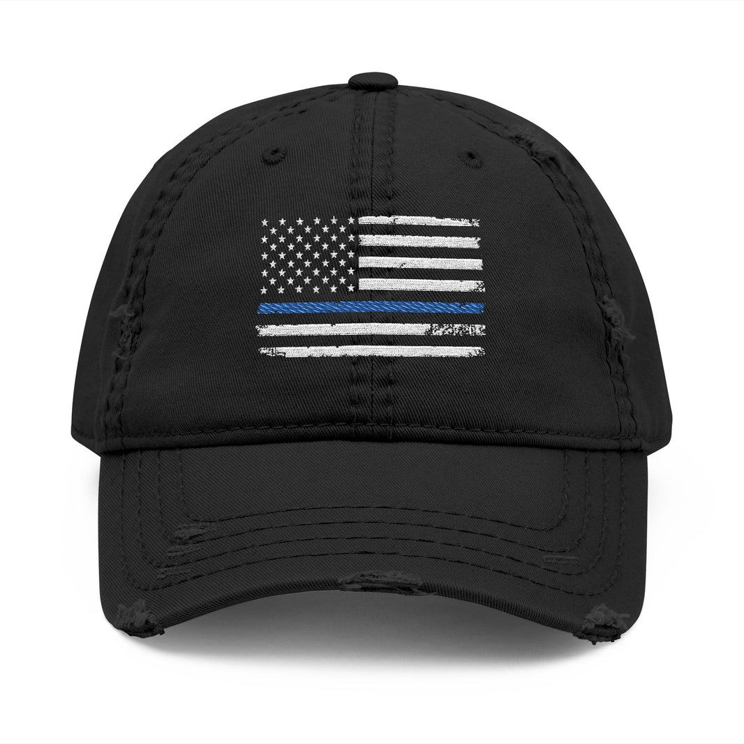 image Distressed Embroidered Hat with Thin Blue Line Flag Design