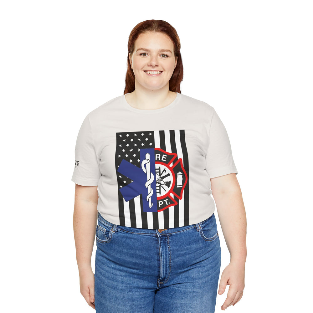 EMS & Firefighter Tribute Tee – Split Emblem Thin White Line Flag