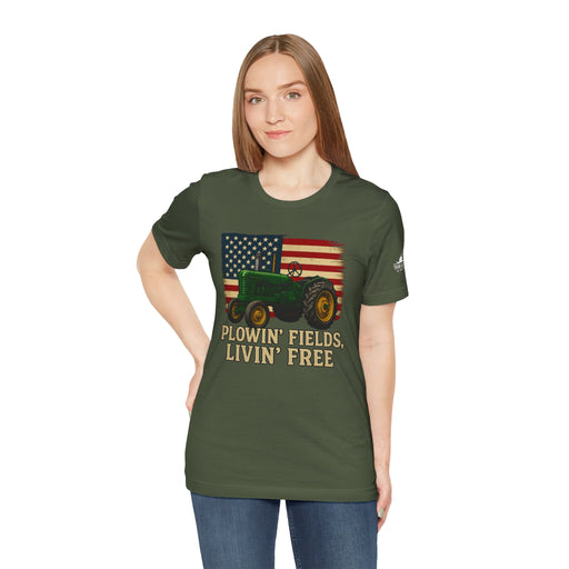 Plowin' Fields, Livin' Free – Farmer Flag Tee