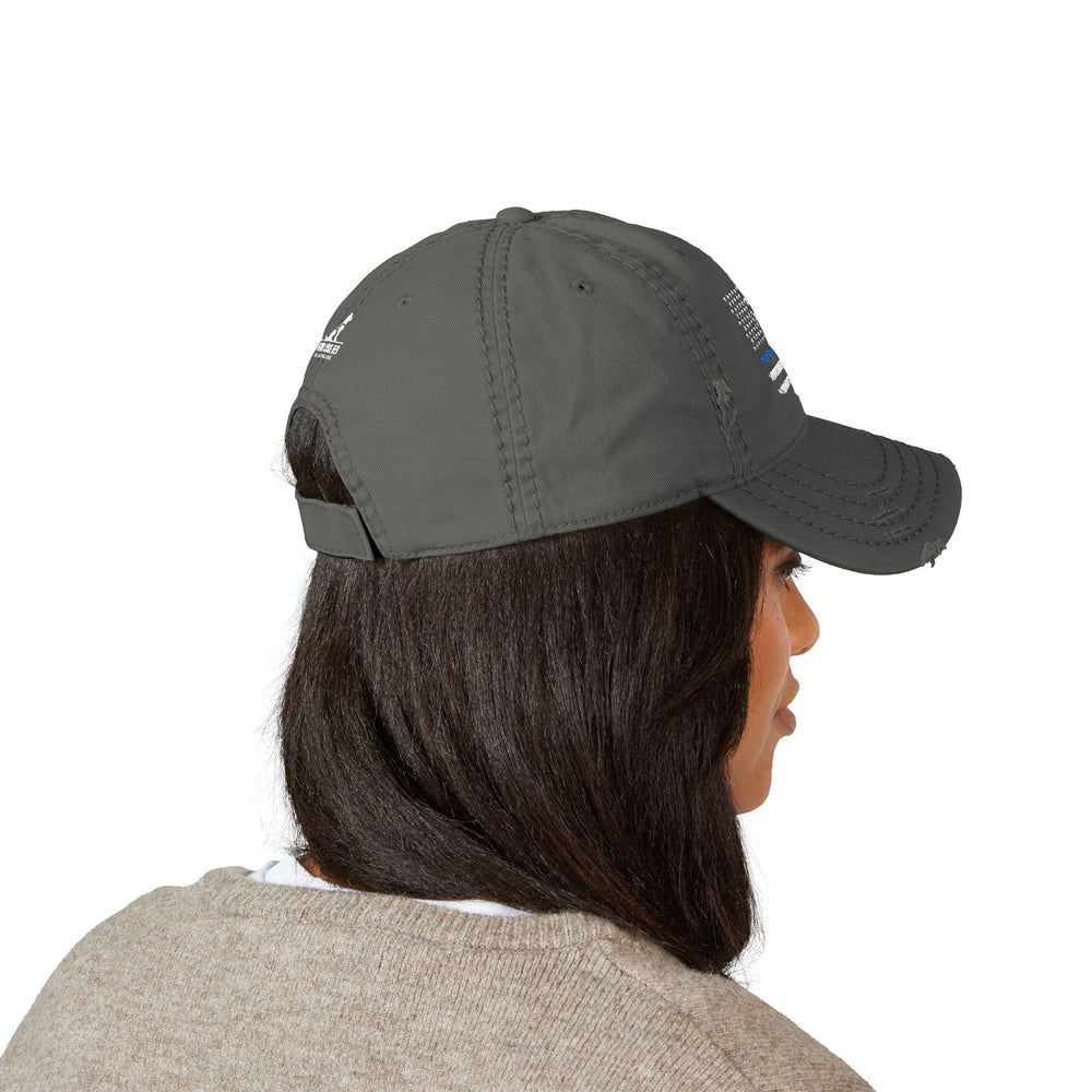 Distressed Embroidered Hat with Thin Blue Line Flag Design